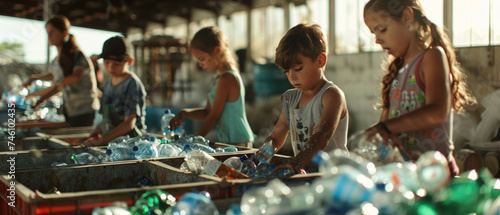 Children participating in an eco-friendly project, sorting plastics for recycling.