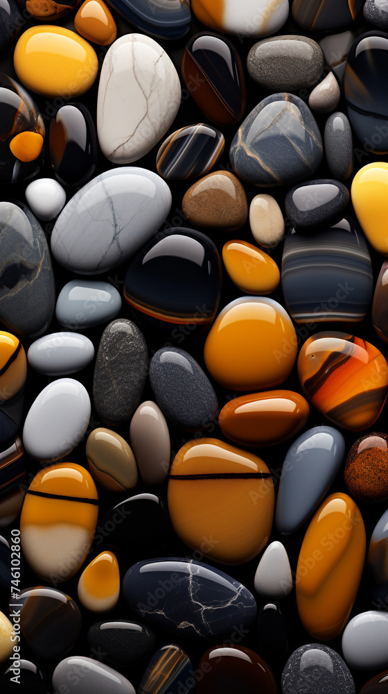 Fototapeta premium a close up of some black and white pebbles, in the style of dark navy and light amber, enchanting realms, light amber and bronze сreated with Generative Ai