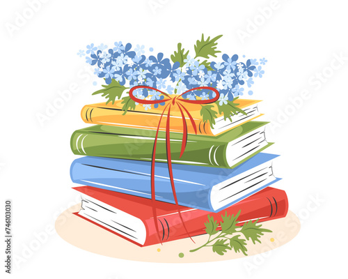 Books with spring flowers on white background.  Design for spring greeting card, bookstore, library.  Vector illustration