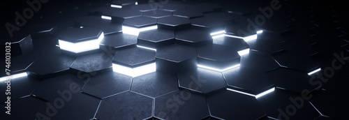 black metallic hexagon shapes pulsing with cold blue neon lights, 3D render, with depth of field