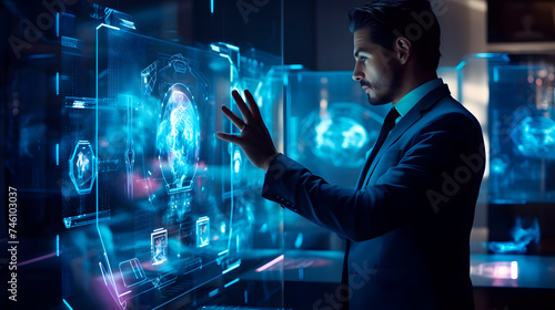 Man using a hologram to select things, man selecting things on a holographic screen