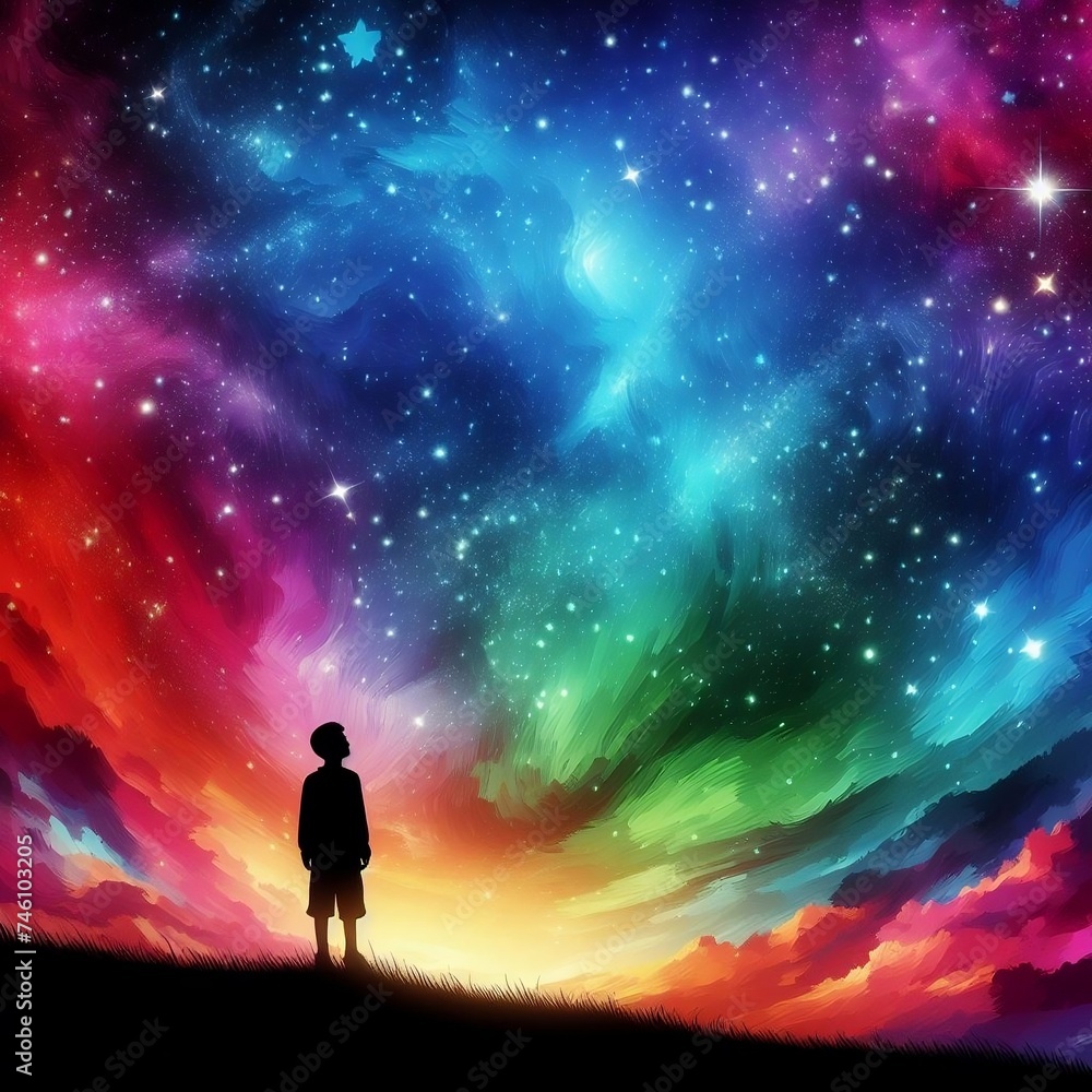 Fototapeta premium Silhouette of a boy looking at the rainbow-colored starry sky Generative AI