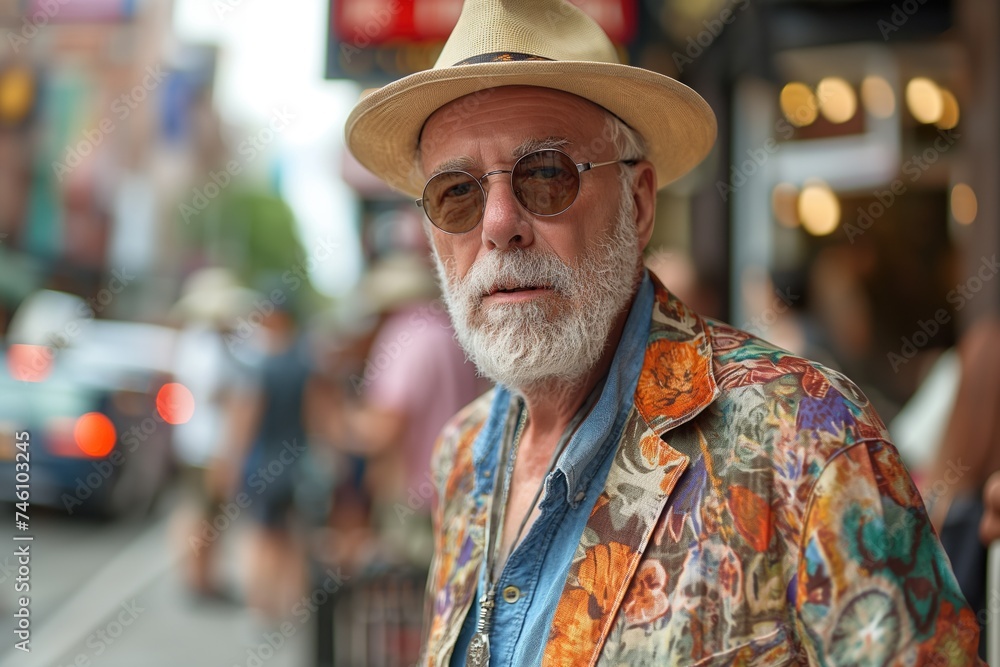 Dapper senior man in a straw fedora and floral jacket standing on a busy city street, radiating cool confidence Dapper senior man in a straw fedora and floral jacket standing on a busy city street, radiating cool confidence
