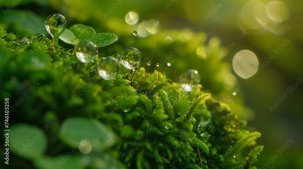 Delicate dewdrops glistening on a bed of emerald moss.