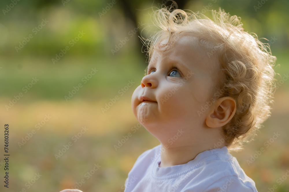 Cute curly blond baby sitting on the grass in autumn Cute curly blond baby sitting on the grass in autumn