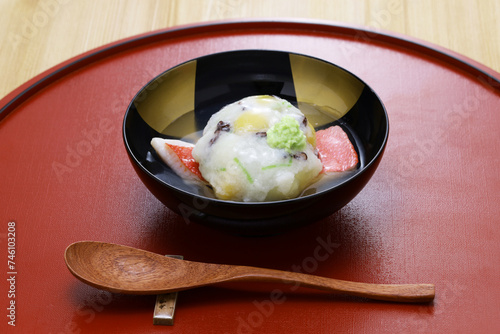 Kaburamushi, Japanese cuisine. Grated Shogoin turnip mixed with whipped egg white is wrapped around ingredients (ginkgo nuts, lily bulbs, wood ears, fish), steamed, and then topped with a clear soup.
