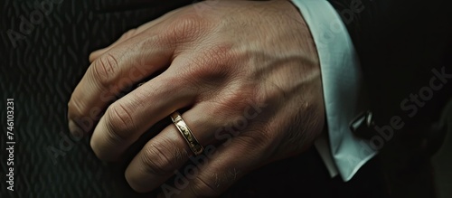 A close-up shot of a mans hand, adorned with an elegant wedding ring, showcasing a grooms attire with a suit in a wedding setting.