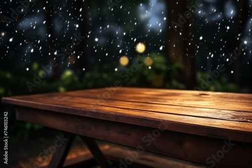 a wooden table with snow falling