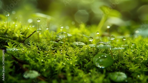 Delicate dewdrops glistening on a bed of emerald moss.