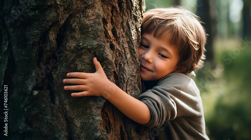 a child hugging a tree, concept of taking care of nature, ecological concept