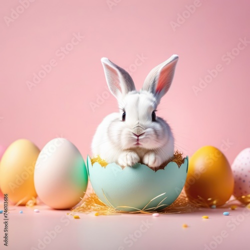 Easter banner with cute Easter bunny hatching from pastel color Easter egg on pastel color background. Illustration of Easter rabbit sitting in cracked eggshell. Happy Easter greeting card.Copy space.