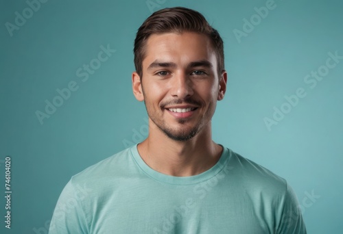 A man in a mint green t-shirt smiles subtly, his confidence evident against the teal backdrop. © kotlyarn