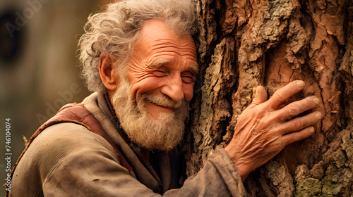 an old man hugging a tree, concept of taking care of nature, ecological concept