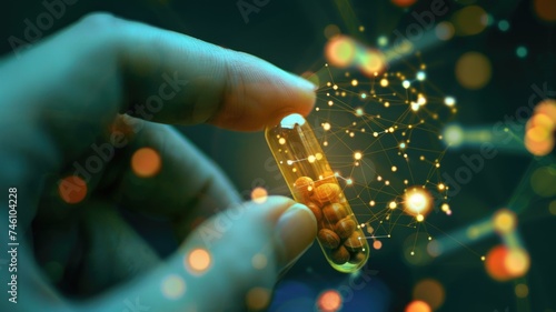 hand holding a clear capsule with visible granules of Rhodiola, digitally enhanced with glowing connections supplement's biochemical impact on stress hormones