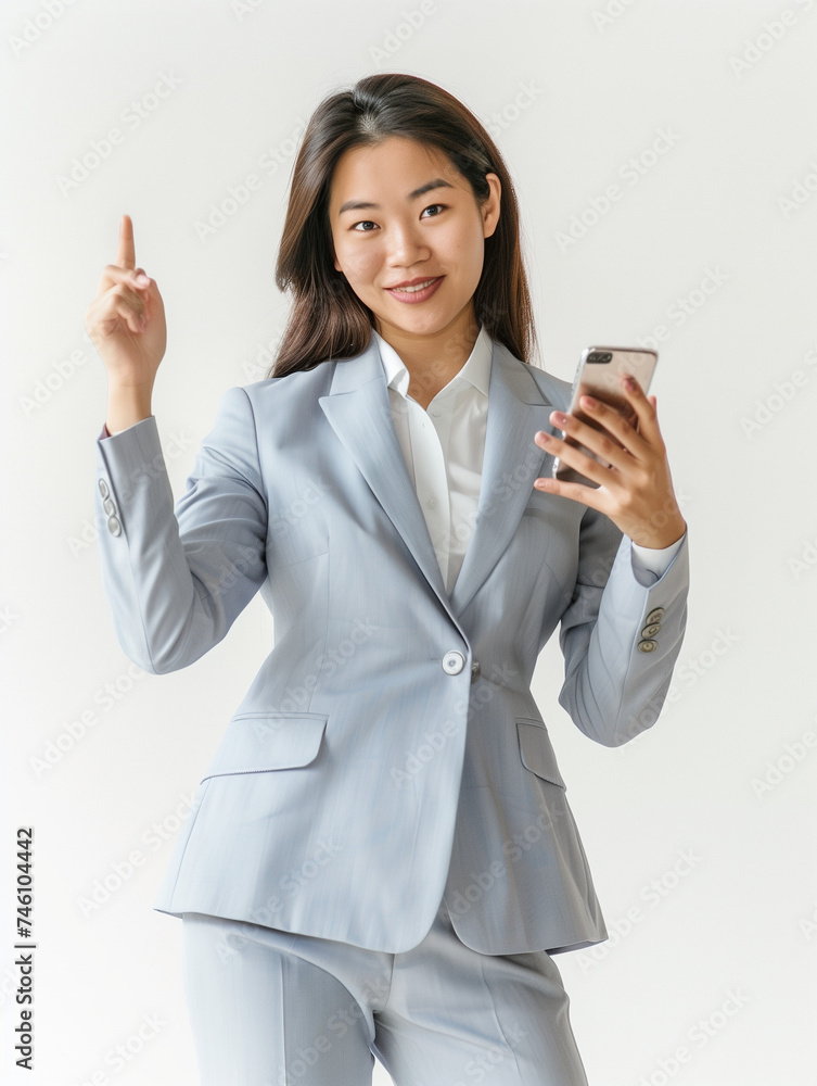 Taiwanese Woman with Finger Raised and Holding Phone, Working Taiwanese Woman with Finger Raised and Holding Phone, Working