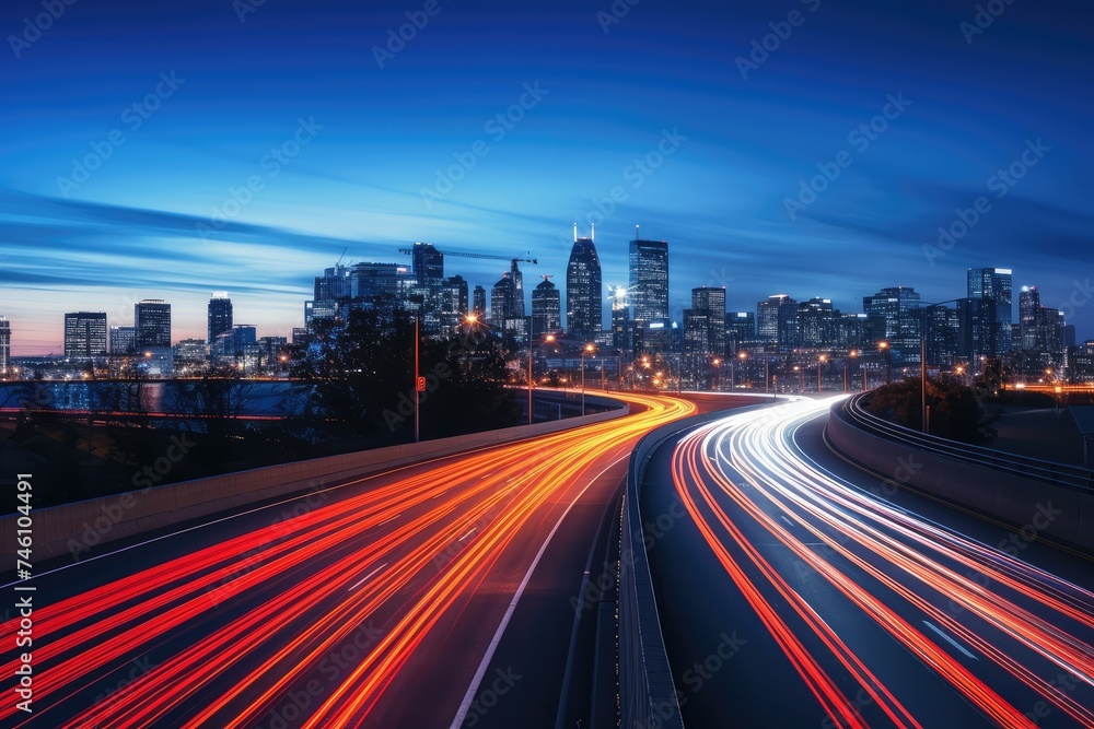 Obraz premium Night Road Lights, Speed Highway Motion, Night Traffic Cityscape, Modern Illuminated Light Trail