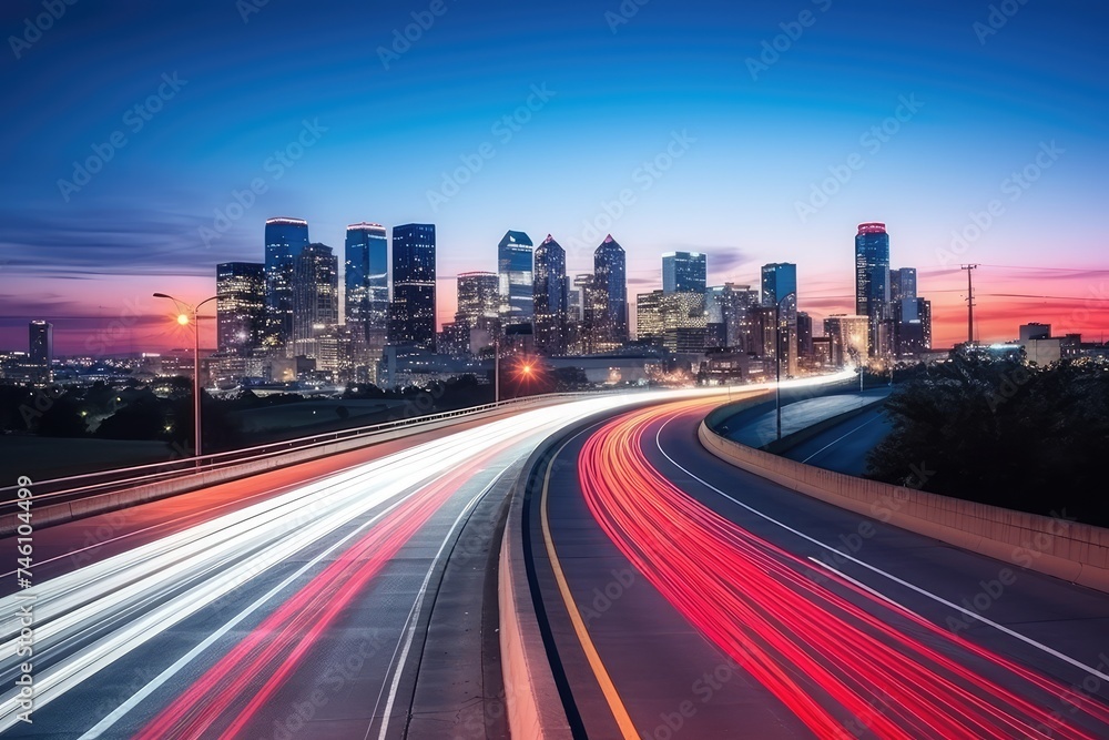 Fototapeta premium Night Road Lights, Speed Highway Motion, Night Traffic Cityscape, Modern Illuminated Light Trail