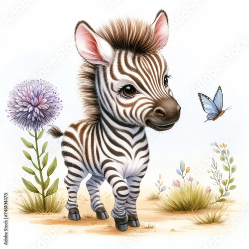Funny zebra watercolor illustration. Children illustrations  invitation cards or other uses. AI generated