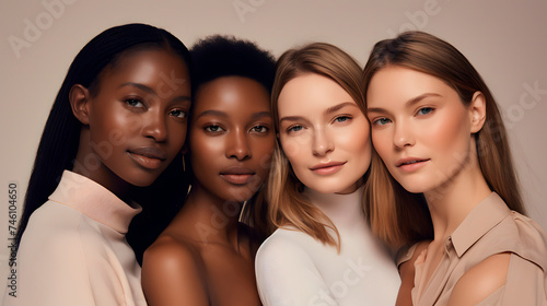 group of diverse models looking at camera, beige background