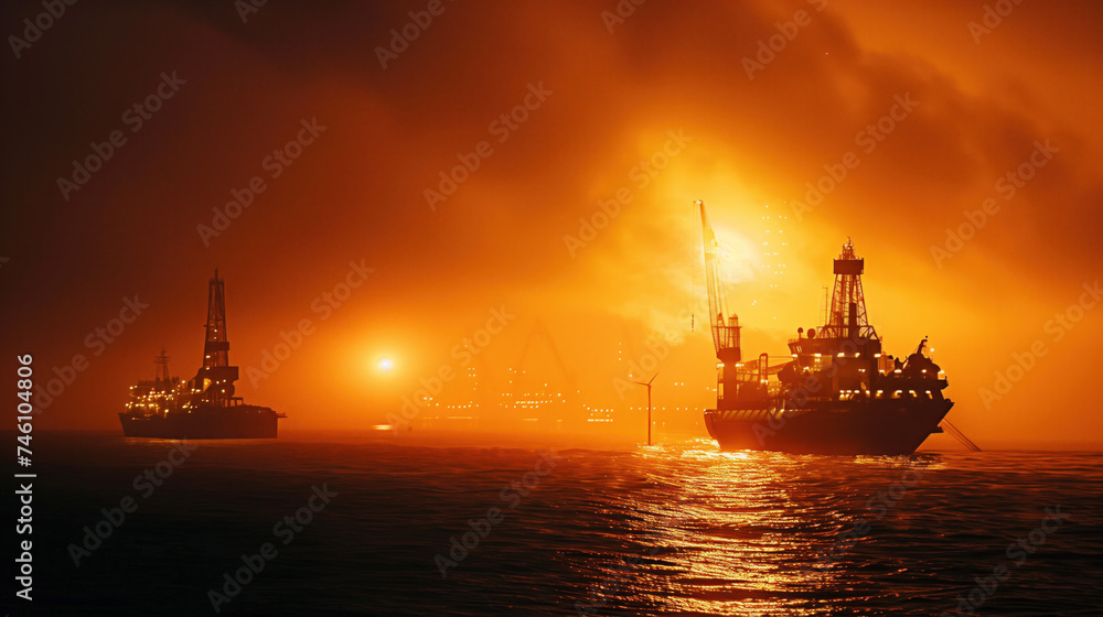 Oil rigs and a ship silhouette against a fiery sunset at sea. The concept of the oil extraction industry and environmental impact.