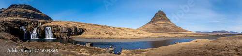 Panoramic view of Kirkjufell and its waterfalls, Iceland