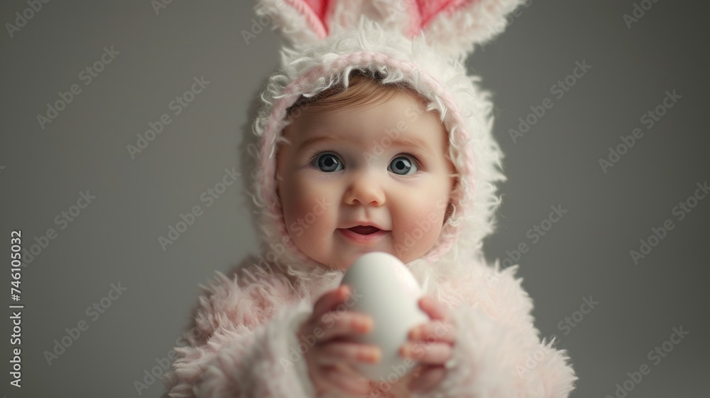 Easter Baby in Bunny Costume Holding Easter Egg Easter Baby in Bunny Costume Holding Easter Egg