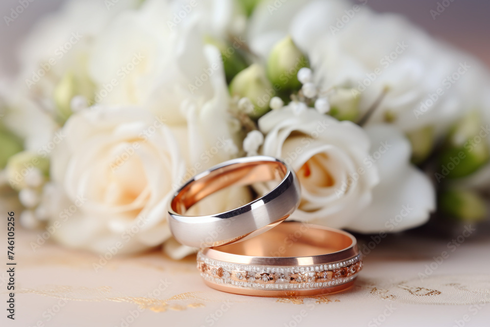 two wedding rings and a bouquet of flowers close-up in light colors photo сreated with Generative Ai two wedding rings and a bouquet of flowers close-up in light colors photo сreated with Generative Ai