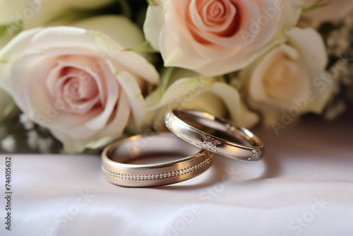 two wedding rings and a bouquet of flowers close-up in light colors photo сreated with Generative Ai