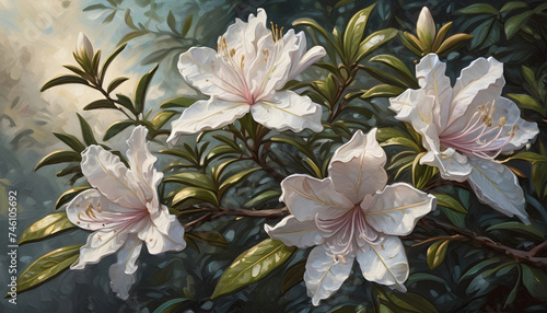 Oil painting of rhododendron flowers, digital art, printable illustration, garden flower background or wallpaper.