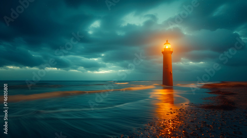 A lighthouse stands brightly against a dark stormy sky at night. The concept symbolizes guidance and hope amidst uncertainty.
