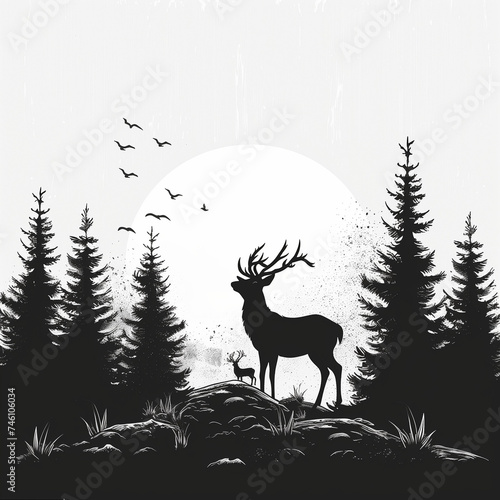 Silhouette of a Male Deer in Front of a Forestscape  Retro-Style  Screen Printed Logo on a White Background