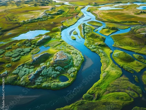 Iceland River Aeral View, Serene Icelandic River Flowing Through Rugged Landscapes, North River