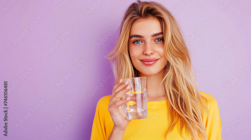Casual style young woman posing on isolated studio background, hold water glass. Beautiful girl portrait. Female model poses. Casual style young woman posing on isolated studio background, hold water glass. Beautiful girl portrait. Female model poses.