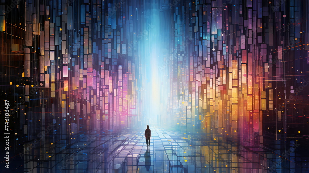 A person standing in a futuristic hall tunnel with a glowing purple light A person standing in a futuristic hall tunnel with a glowing purple light