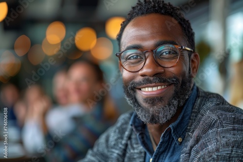 Close-up of a cheerful African American man with beard, spectacles, and a stylish outfit