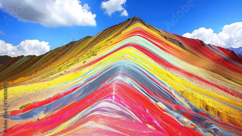 a multicolored mountain with a blue sky in the background and clouds in the sky in the foreground.
