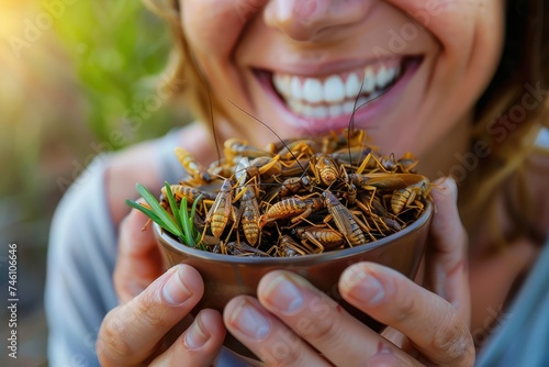 Eating Edible Insects Closeup, Eating Bugs, Eating Insect Snacks, Exotic Cuisine as Fried Bugs photo