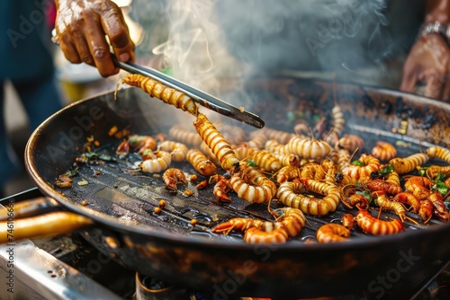 Edible Insects, Eating Bugs, Eating Insect Snacks, Exotic Cuisine as Fried Bugs as Grasshoppers photo