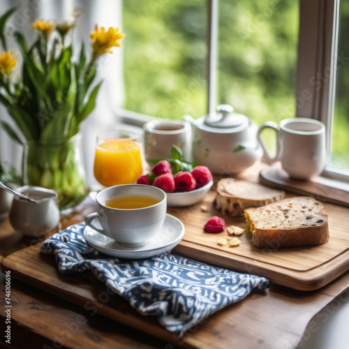 Closeup photo of a nutritious breakfast on a wooden board with a window on background.