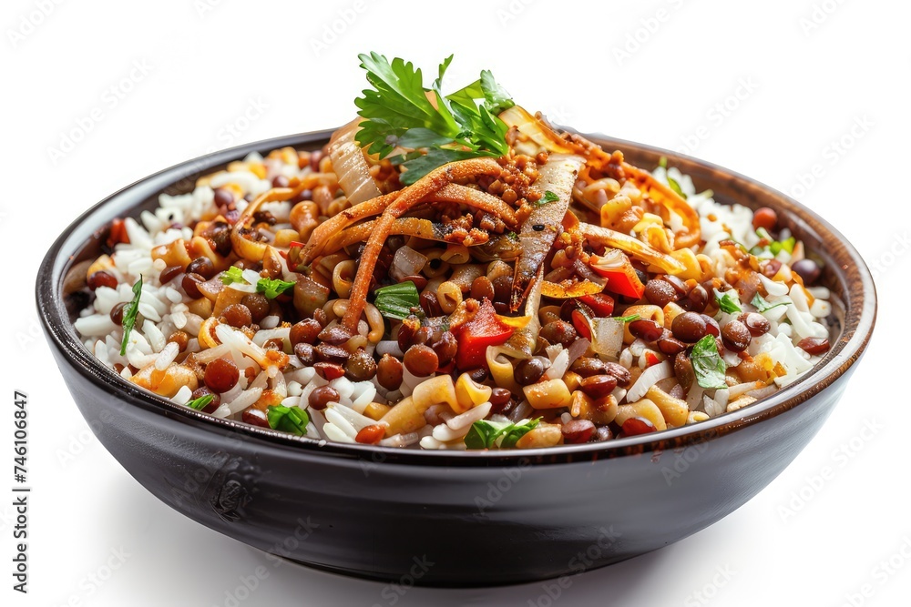 Traditional Egyptian Koshari, Mix of Rice, Pasta, Lentils and Fried Onions