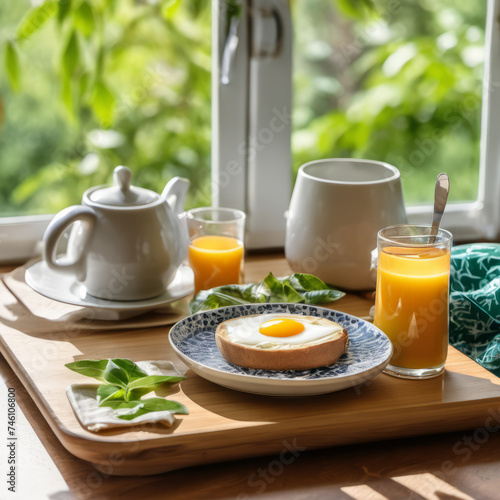 Closeup photo of a nutritious breakfast on a wooden board with a window on background.