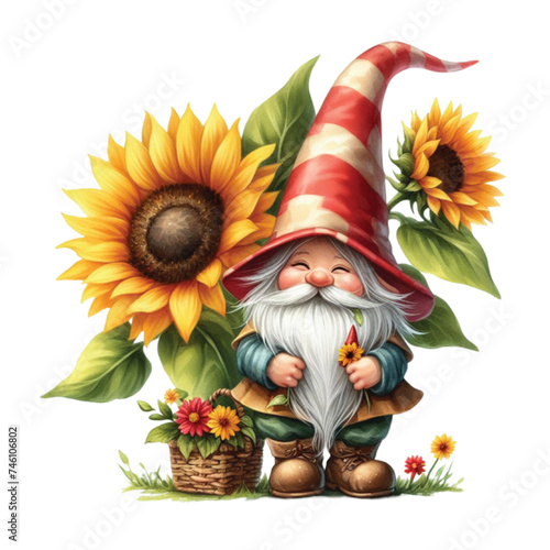 Watercolor Sunflower Gnome Clipart photo