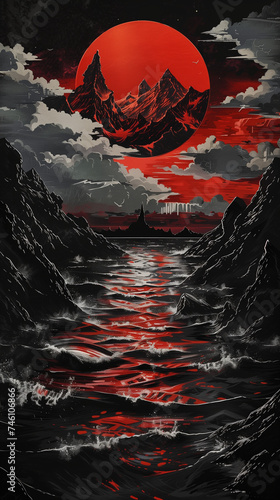 Ocean and Red Sun Wallpaper: Sci-Fi Inspired Mountainous Vistas with Photo-Realistic Landscapes in Dark Silver and Black, Symmetrical Design © Tomasz