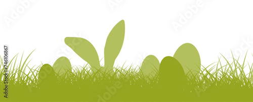 Easter bunny ears and eggs in the green grass, meadow, field. Funny egg hunting border, seamless easter pattern. Easter Background. Vector illustration 