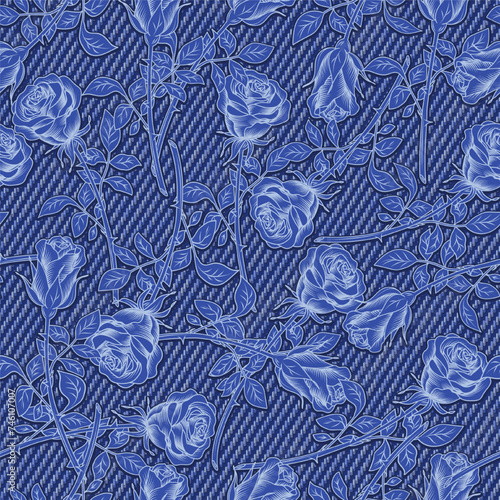 Denim floral seamless pattern with roses. Lush blooming flowers with stem  leaves on blue jeans texture. Outline  inverse  negative illustration. For prints  clothing  t shirt  surface design. Not AI