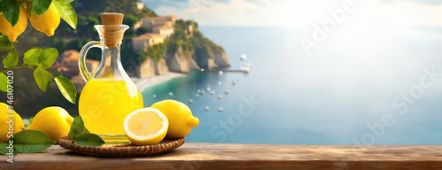 Limoncello lemon liqueur in southern Italy on the Amalfi Coast. Transparent jug and citrus fruits. A sunny, aromatic still life. Panorama with copy space. photo