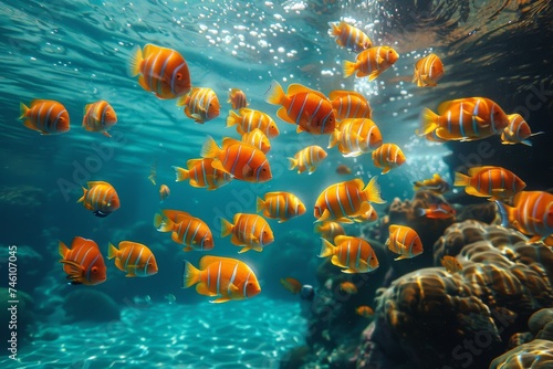 A vivid underwater scene of orange and white striped tropical fish swimming among coral reef, showcasing marine biodiversity