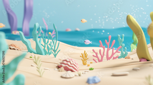 Underwater World Illustration: Seabed with Sand and Seaweed in 3D Cartoon Style for Children, Minimal Detail, Blue
