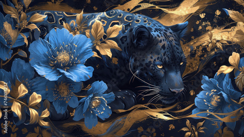 a painting of a blue and gold leopard surrounded by blue and gold flowers on a black background with gold accents. photo