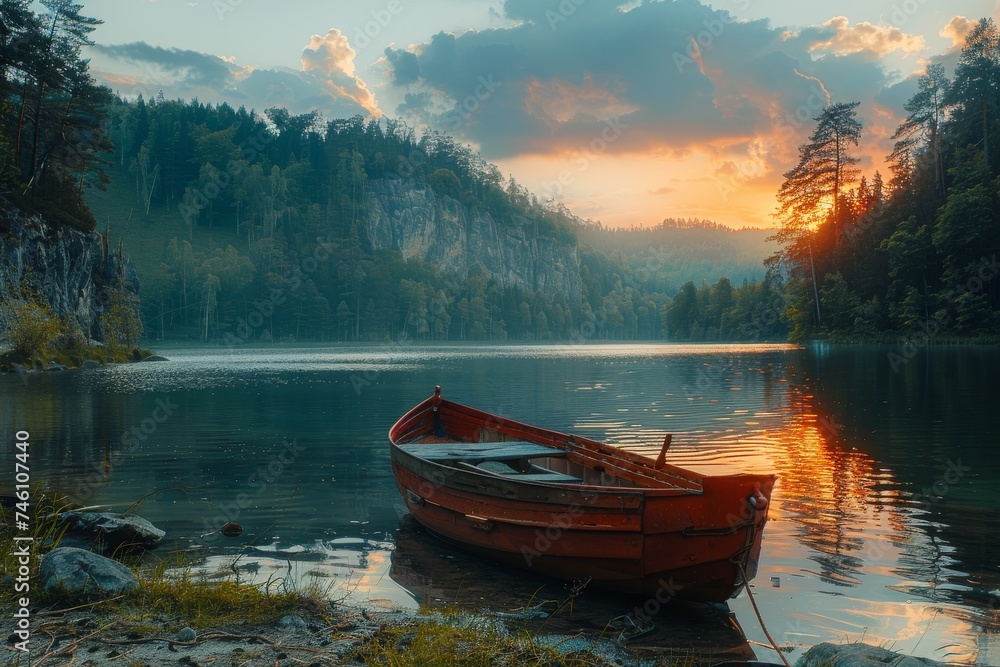 A solitary wooden boat rests on the tranquil waters of a lake at sunset surrounded by forested hills